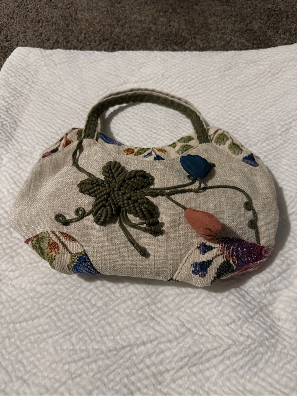 Handcrafted Floral Embroidered Linen Tote Bag - Olive & Neutral